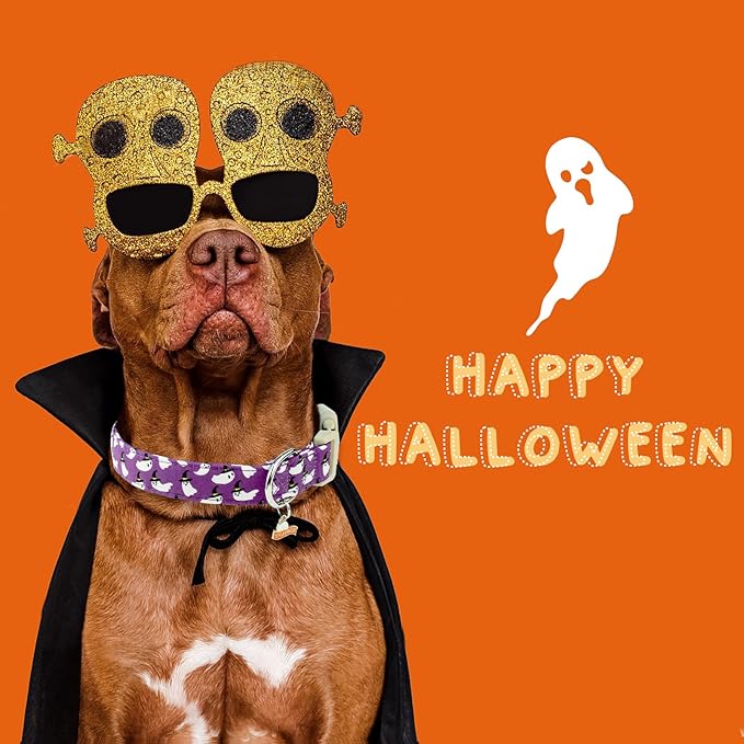Faygarsle Halloween Dog Collar with Charm, Purple with Ghost Pattern, Adjustable Pet Collar for Small Medium Large Dogs XS
