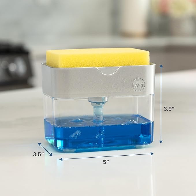 S&T INC. Dish Soap Dispenser and Sponge Holder for Kitchen Sink with Enhanced Features, Sponge Included, 13 Ounces, Silver