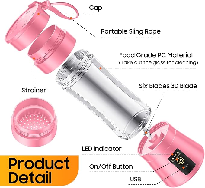 Cordless Portable Personal Size Blender - USB Rechargeable Blender for Smoothies and Shakes, 6 Blades with 380Ml BPA Free Juice Cup, Freshly Squeezed for Picnic/Sports