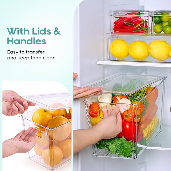 MUCHII 6 Pack Fridge Organizers and Storage, Stackable Fridge Organizer Bins with Lids, Kitchen Organizer Storage Containers for Fruit, Food, Vegetables