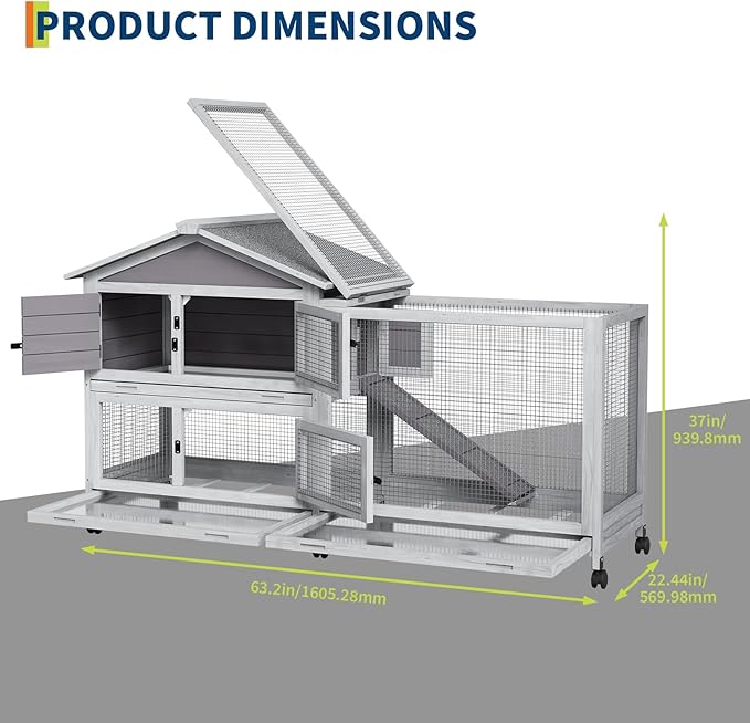 Bunny Cage with Weatherproof Roof, Rabbit Cage with 6 Lockable Caster Wheels & Pull-Out Tray, Rabbit Hutch for Indoor Outdoor Use, Grey(63.2" l x 22.4" w x 37")