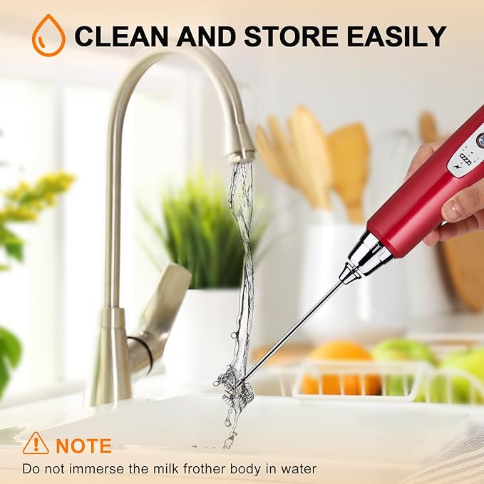 YUSWKO Red Milk Frother Handheld with 3 Heads, Coffee Whisk Foam Mixer with USB Rechargeable 3 Speeds, Electric Mini Hand Hand Frother for Latte, Cappuccino, Hot Chocolate, Egg