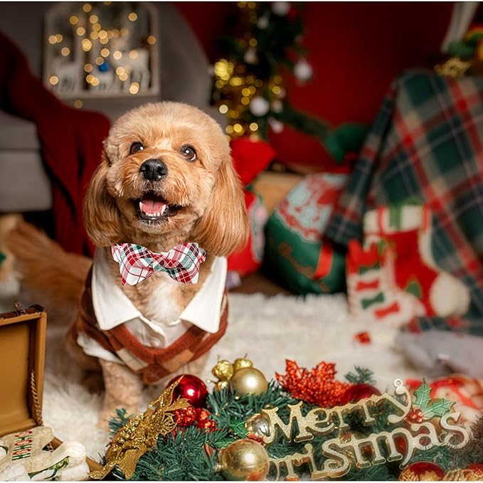 Dog Collar, Christmas Dog Collar Plaid Pet Collar Bow Holiday Bows Girl Boy Puppy Collar Adjustable Pet Collar for X-Small Dogs