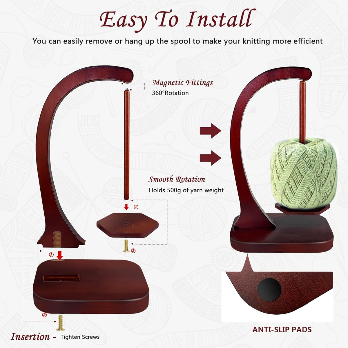JUCPASH Yarn Holder for Crocheting and Knitting, Wooden Yarn Spinner with Magnetic Rotating Mechanism and Anti-Slip Pads, Crochet Gift for Knitting Lovers - Brown