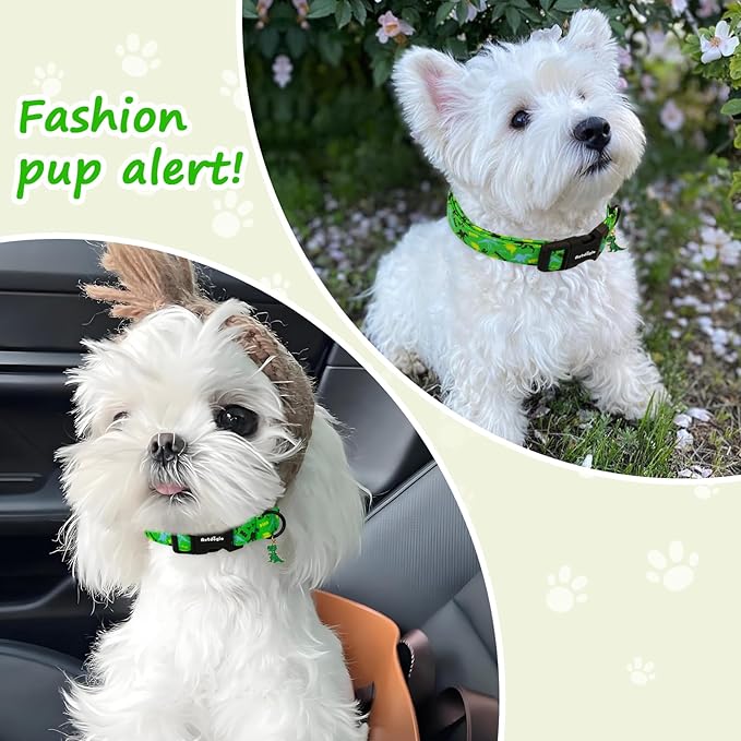 Dinosaur Dog Collar,Green with Multicolor Dino Pattern Handmade Cotton Collar for Small Medium Large Dogs, Adjustable & Comfortable Puppy Collar for Daily Walks, Park Adventures or Photos-XS