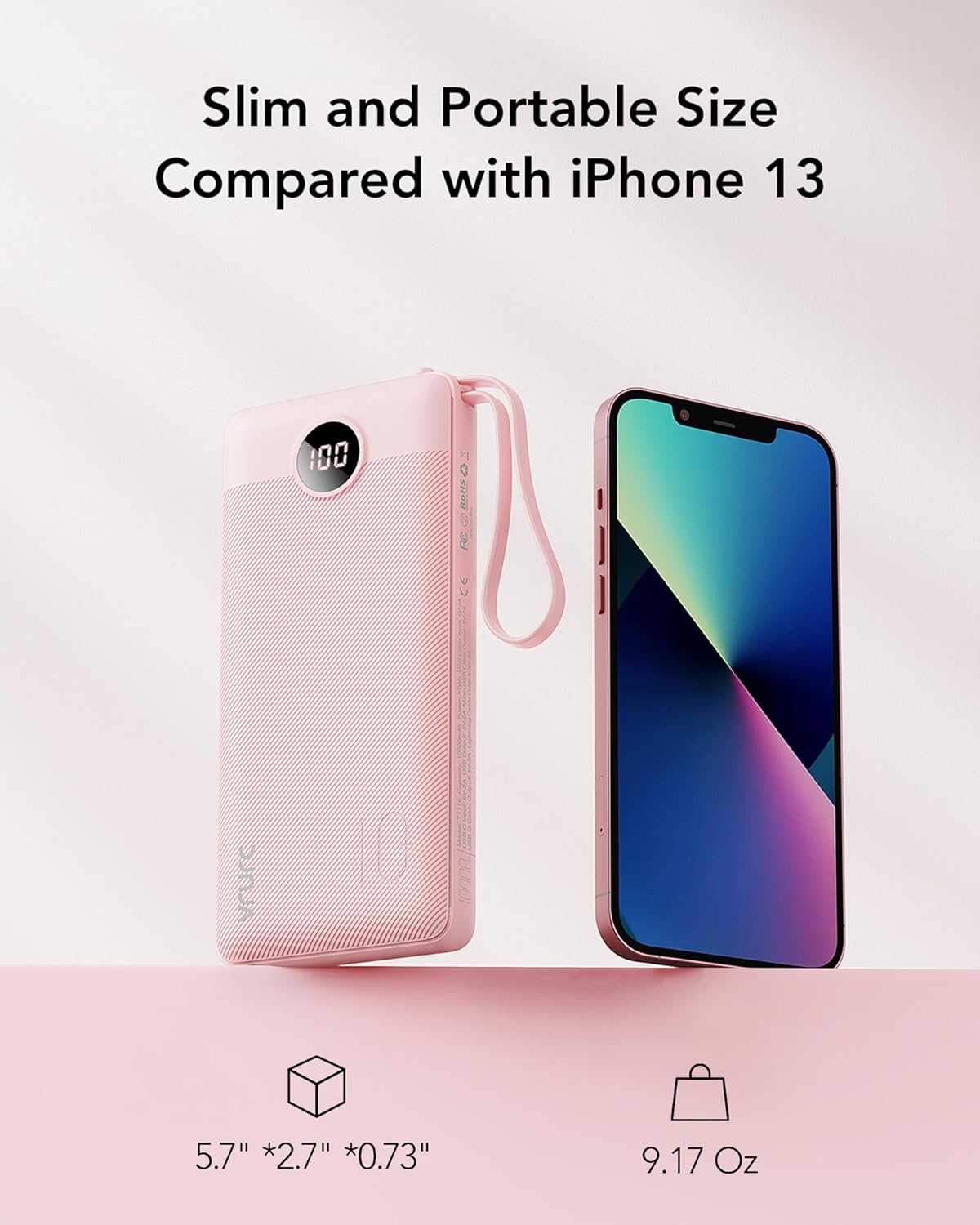 VRURC Portable Charger Power Bank, 10000mAh Travel Essentials Battery Pack, 5 Outputs 2 Inputs Slim Charging Bank Built-in Cables Cords Wires Compatible with iPhone,Samsung,Android-Pink(1 Pack)