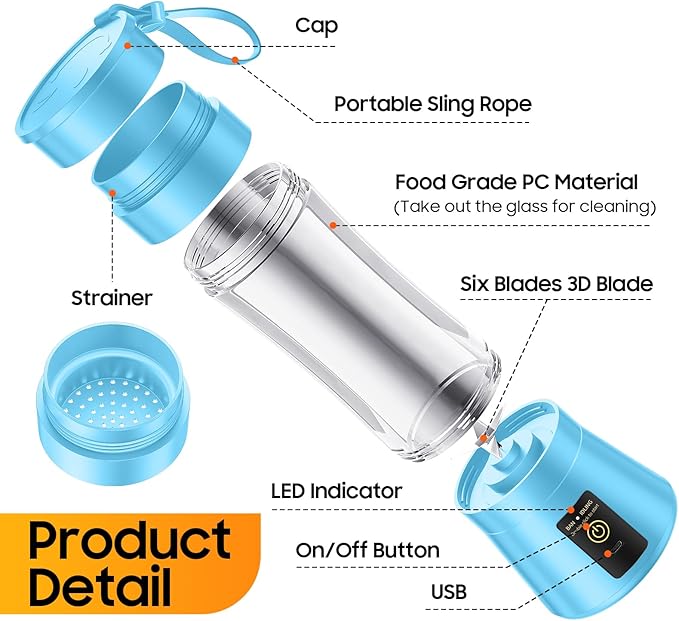 Cordless Portable Personal Size Blender - USB Rechargeable Blender for Smoothies and Shakes, 6 Blades with 380Ml BPA Free Juice Cup, Freshly Squeezed for Picnic/Sports