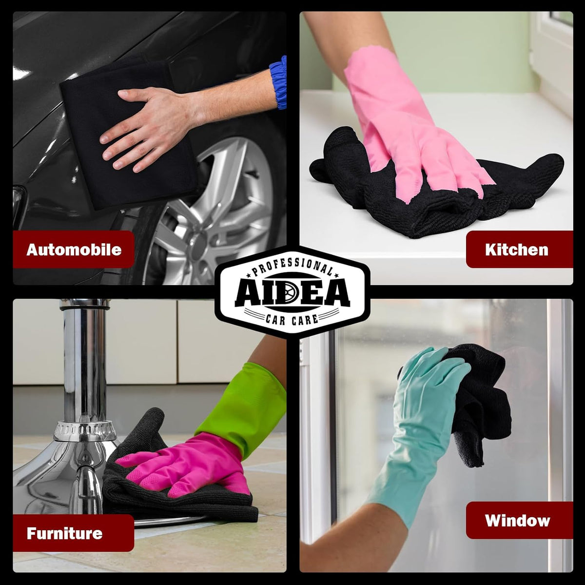 AIDEA Microfiber Cleaning Cloth Black 10PK, Microfiber Towels for Cars, Premium Wash Cloths, Dusting Cloth Lint Free Cleaning Rags for SUVs, House, Kitchen, Window, Cleaning Supplies12×12"