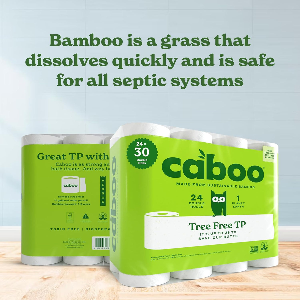 Caboo Tree Free Toilet Paper, Septic Safe Toilet Tissue, Non Toxic, Chemical Free, Non Toxic, 2 Ply Bathroom Toilet Paper | Pack of 24 Double Rolls, 300 Sheets Per Roll
