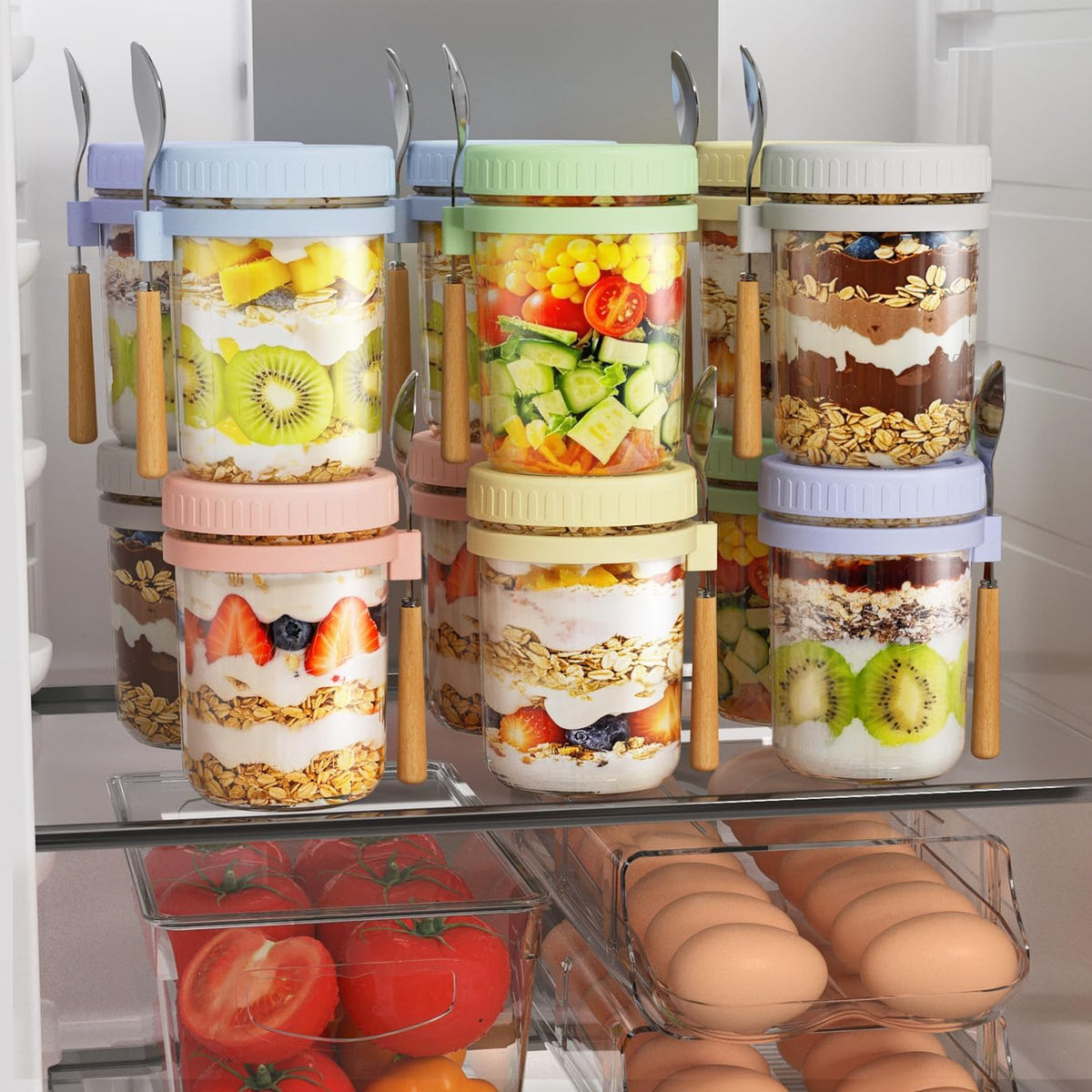 16oz Overnight Oats Containers with Lids and Spoons, 6 Pack Wide Mouth Mason Jars with Airtight Lids, Overnight Oats Jars for Salad, Chia Seed, Cereal, Yogurt