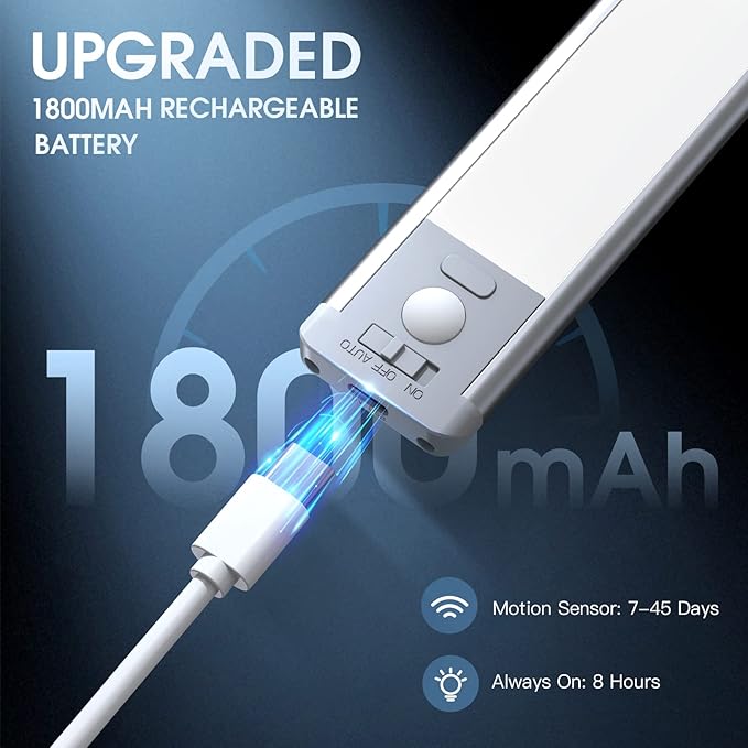 10inch Under Cabinet Lighting, 2 Pack Rechargeable Motion Sensor Light Indoor, 5 Levels Dimmable Magnetic Closet Lights, Wireless Under Counter Lights for Kitchen, Stairs