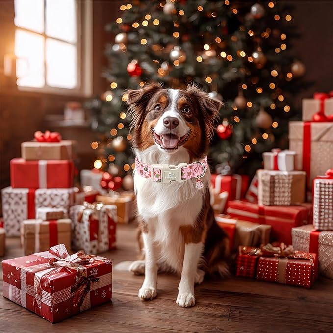 Christmas Dog Collar - Cute Pink Cozy Christmas Puppy Collar with Safety Buckle, Soft Adjustable Holiday Dog Collars for Small Medium Large Dogs S