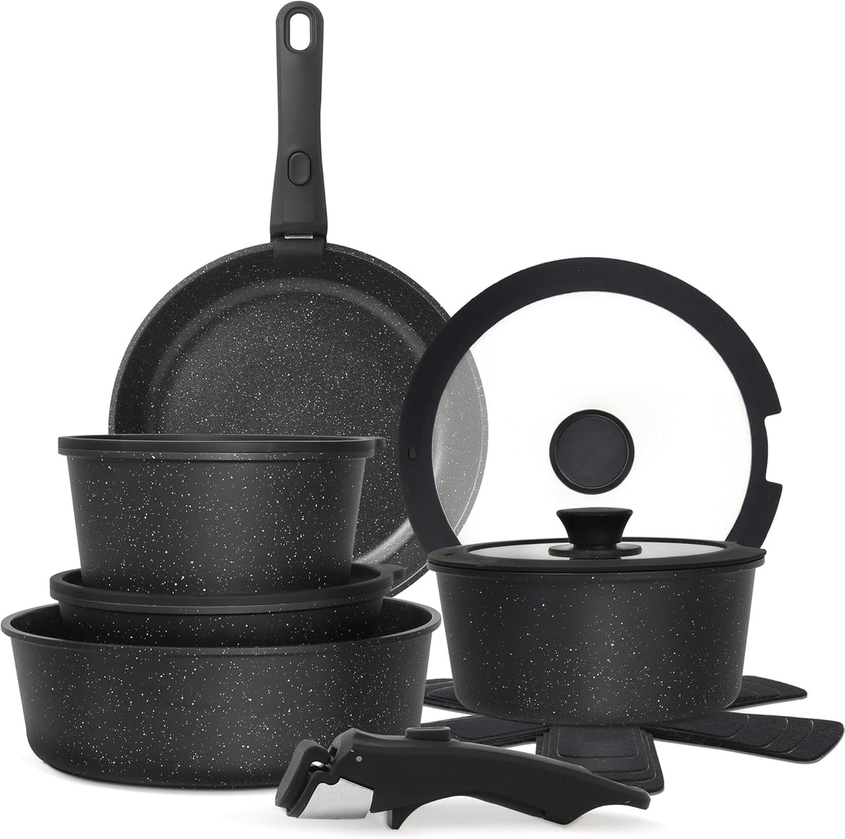 5PCS Pots and Pans Set Non Stick, Kitchen Cookware Sets with Detachable Handle, Ceramic Cookware Sets, Non Stick RV Cookware Cooking Set, Dishwasher & Oven Safe, PFOA Free, Black