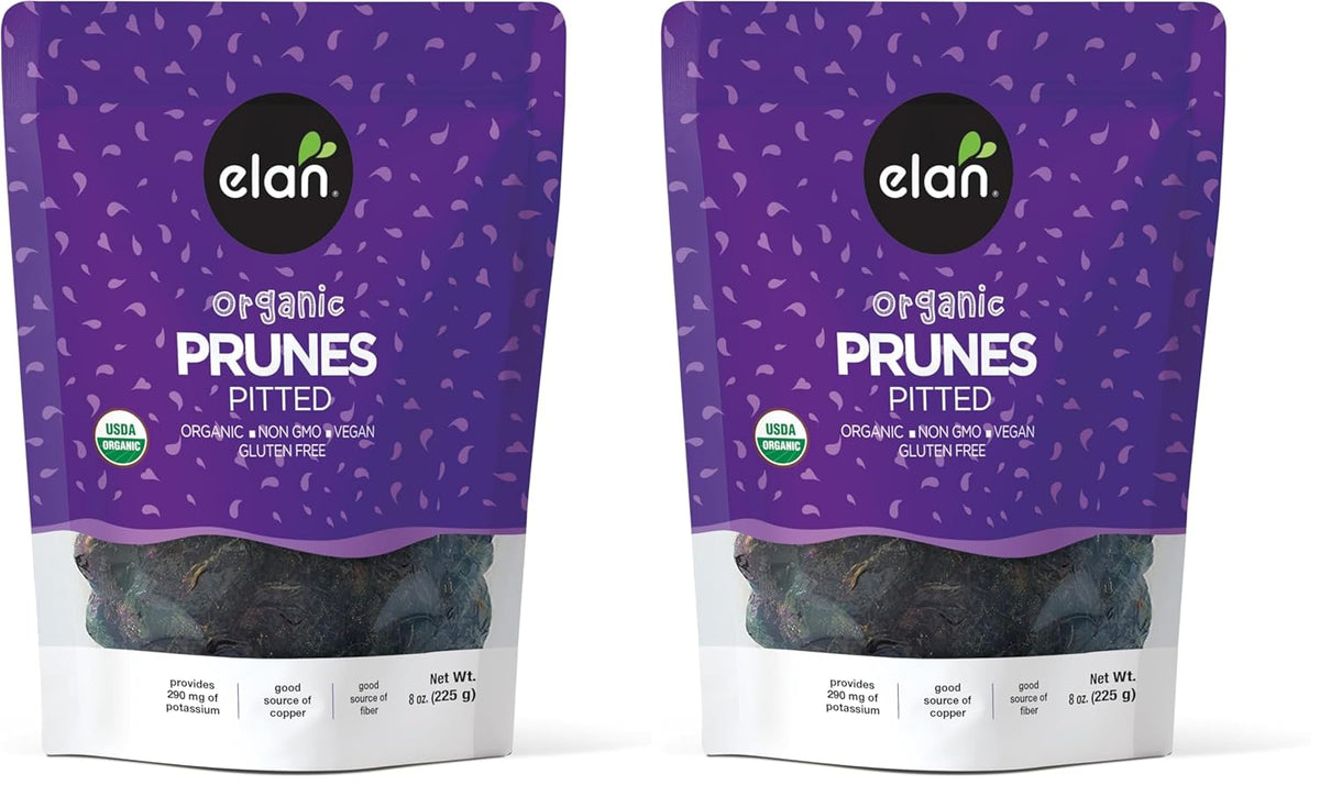 Elan Organic Pitted Prunes, 7.9 oz, Natural Dried Fruit, No Sugar Added, Sulphite-free, Non-GMO, Vegan, Gluten-Free, Kosher, Healthy Snack, Dried Plums