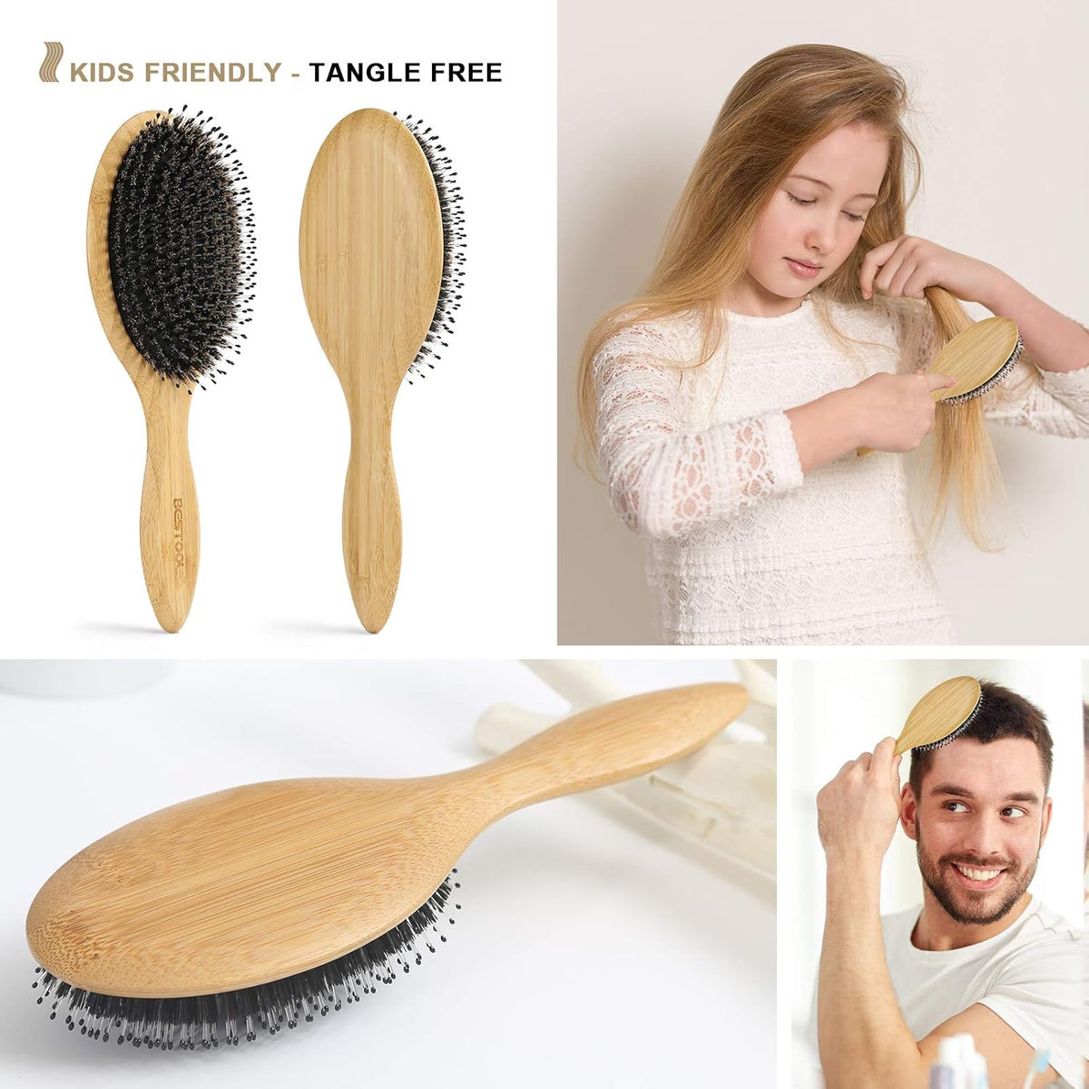 BESTOOL Hair Brush-Boar Bristle Hair Brushes Natural Bamboo Wooden Cushion Massage Anti Static Large Paddle Hairbrush for Women Men and Kid (Round)