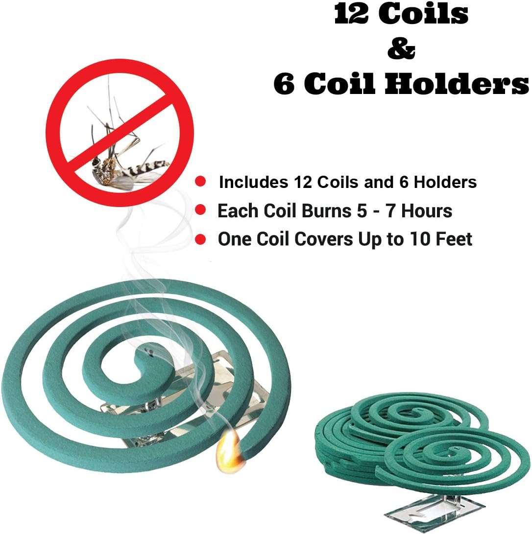 W4W Mosquito Repellent Coils - Outdoor Use Reaches Up to 10 feet - Each Burns for 5-7 Hours (Three Pack Contains 12 coils & 6 Stands)