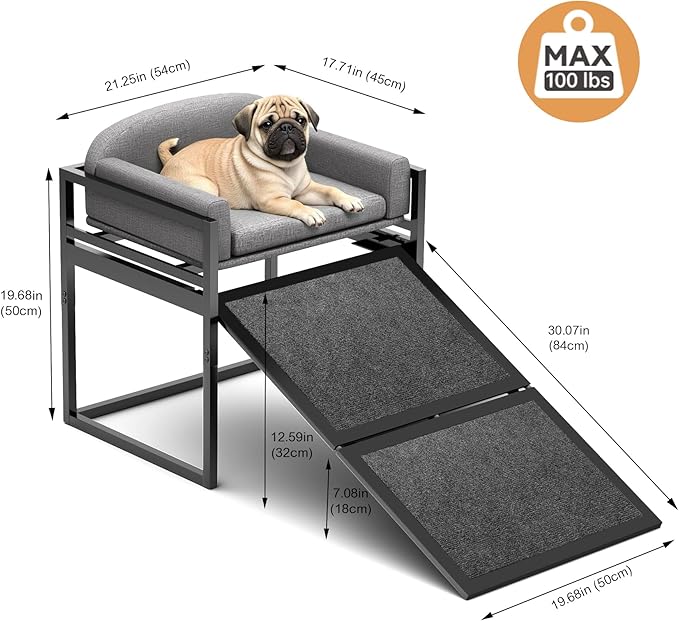 Pet Stairs Ramp Doggie Stairs with Seat,Extra Wide Seat Mate Chair Ramps Puppy for High Bed Couch Office,Non Slip Dachshunds Ladder,Pet Step for Small Dogs,Cat Ladder Grey(Hold Up to 100 lbs)