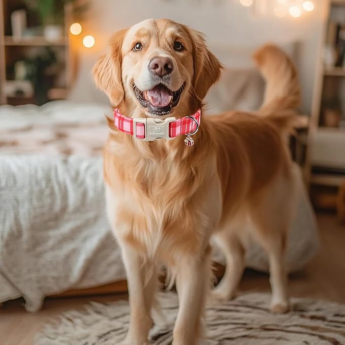 Plaid Dog Collar - Cute Red and Pink Plaid Puppy Collar with Safety Buckle, Soft Adjustable Holiday Dog Collars for Small Medium Large Dogs XL