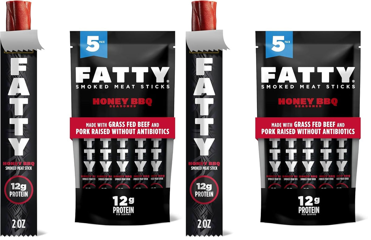 FATTY Meat Sticks, Made with Grass Fed Beef, Pork Raised Without Antibiotics, 12g Protein Per Stick, Honey BBQ, 2 oz. (Pack of 5)