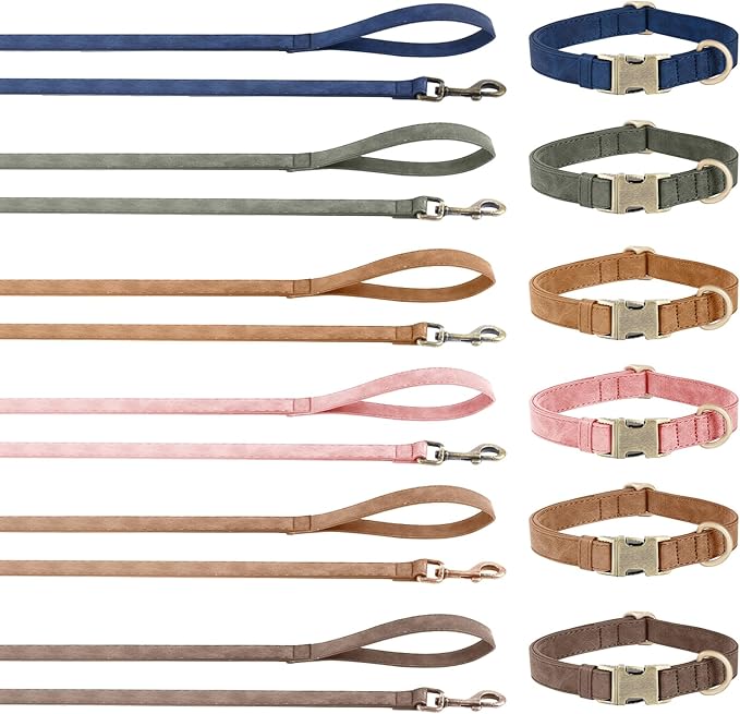 Genuine Leather Dog Collar - Adjustable Pet Collar with Quick Release Metal Buckle, Soft Skin Friendly Real Leather Collar for Small, Medium, Large Dogs (Khaki Collar + Rope, M:Fit 12-20" Neck)