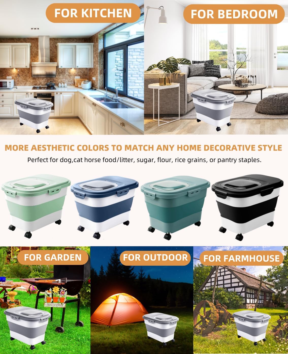 20-30 Lbs Rice Storage Container,Collapsible Food Storage Containers with Rolling Wheel Airtight Locking Lid,Flour Storage Container with Cup and Scoop,Suitable for Food,Rice,Pet Food,Flour