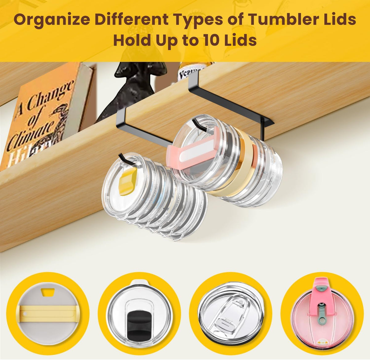 2 Pack Tumbler Lid Organizer, Under Cabinet Cup Lid Holder for Yeti Insulated Mug/Stanley Insulated Mug/Simple Modern Insulated Mug Lid, No Gluing, No Drilling, Up to 10 Lids (Black)