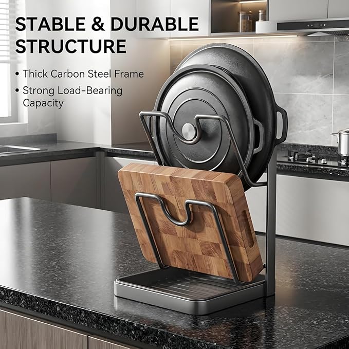 Pot Lid Organizer Holder Rack for While Cooking Under Cabinet Crockpot Pan and Storage Crock Spoon Rest with Kitchen Top Double U-Shaped Slots Steel Countertop Counter Stainless Stand Drip Tray