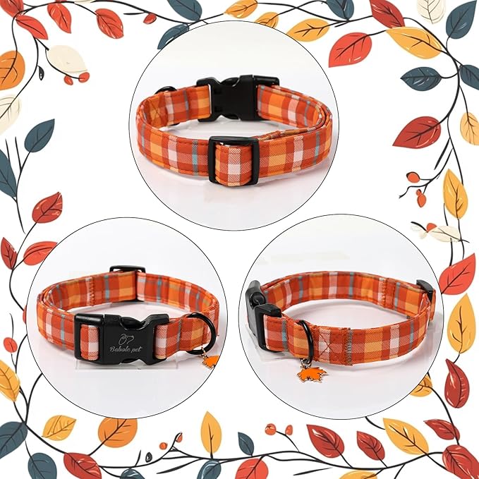 Fall Dog Collar Cute Orange Plaid Puppy Collar - Light Comfortable Adjustable Pet Collars for Small Medium Large Girl Boy Dogs M