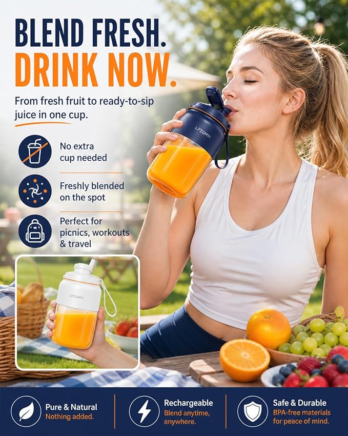 Portable Wireless Juicer Cup Electric Blender Travel Mini Rechargeable Personal Size Juicer Fresh Juice Bottle 44 Fl Oz / 1300 Ml Capacity 48 Blades Compact for Shakes and Smoothies (Blue)