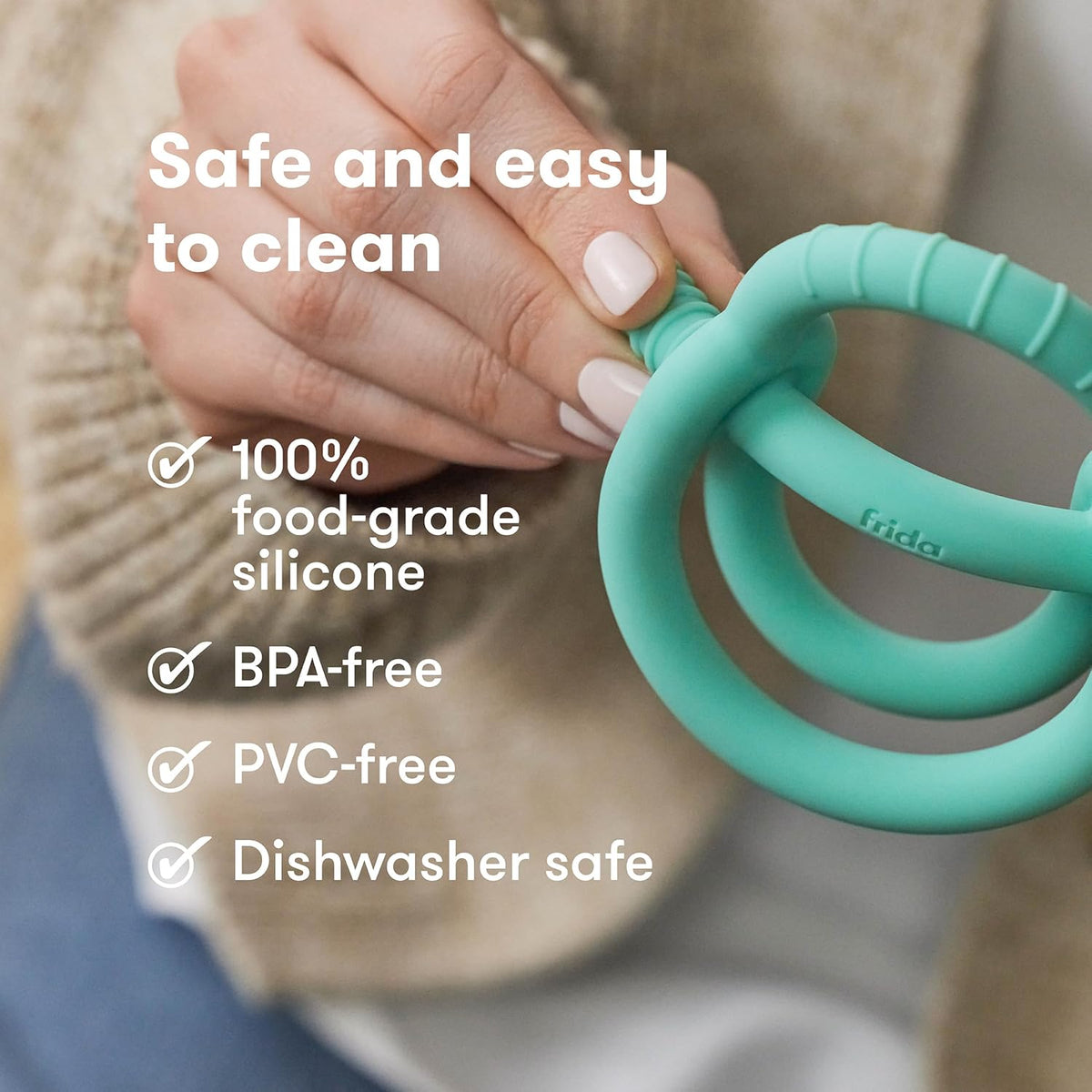 Frida Baby Get-A-Grip Silicone Teether for Teething Pain Relief, BPA-Free Food-Grade Teething Toys for Infant Baby Newborn 0-6, 12, 18 Months, Easy-Grip Teether Ring, PVC-Free, Teal