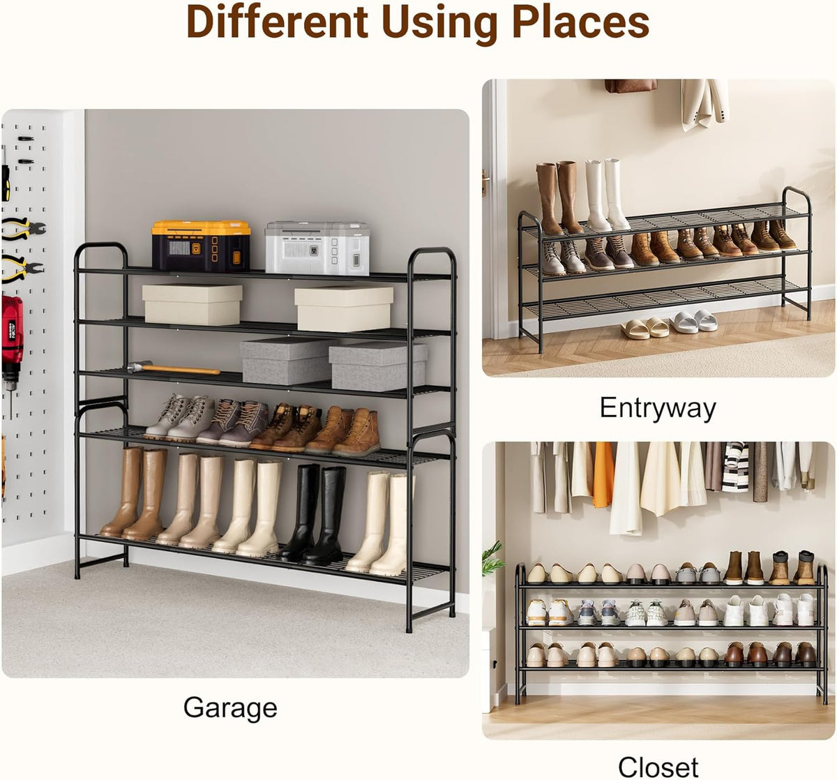 KEETDY 3-Tier Long Shoe Rack for Closet Metal Shoe Organizer for Entryway, Wide Stackable Shoe Storage Shelf with Sturdy Wire Grid for Closet Floor, Bedroom, Black