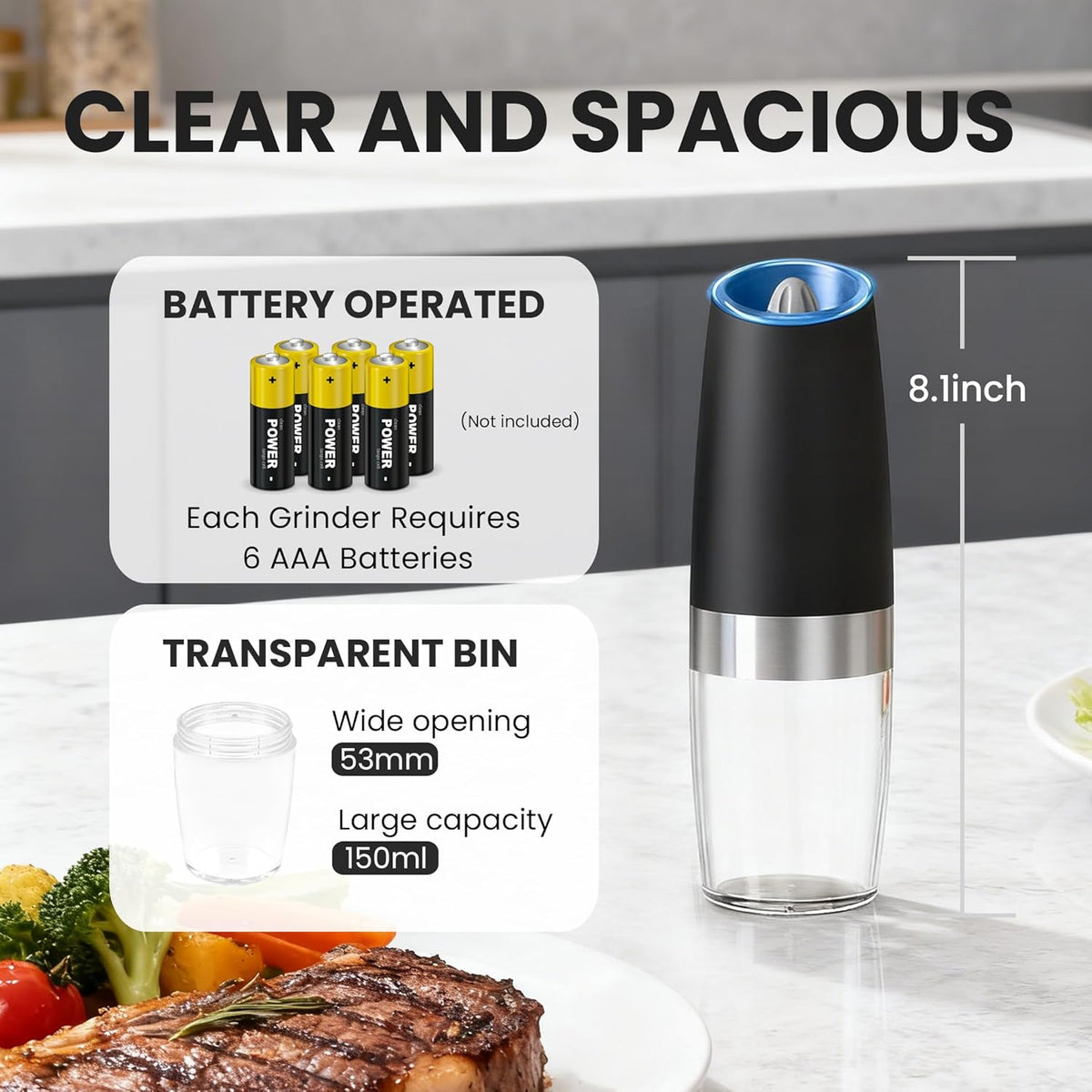 Gravity Electric Salt and Pepper Grinder set of 2, Automatic Salt And Pepper Grinder Set, Adjustable Roughness, Battery Powered, LED Light, 2 Pack, (Black)