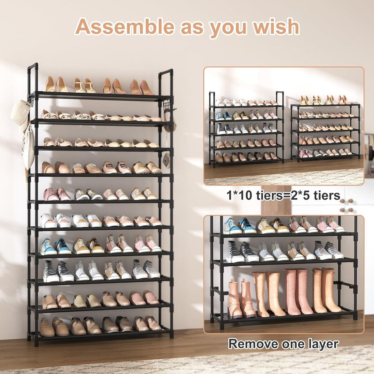VTRIN 10 Tier Shoe Rack Tall Large Capacity 50 Pair Wide Shoe Organizer with Two Hooks Sturdy Metal Shoe Shelf for Entryway, Closet, Bedroom
