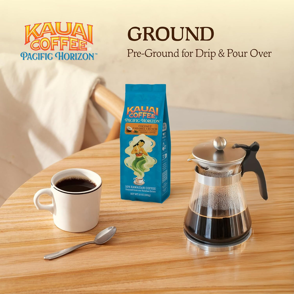 Kauai Coffee Ground Coffee – Smooth, Rich, Medium Roast – Nutty Caramel and Tropical Coconut – Arabica Coffee, 10% Hawaiian with No Bitterness – Coconut Caramel Crunch, 1 Pack of 10oz