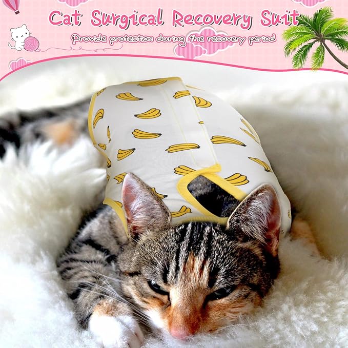 Nuanchu 3 Pieces Cat Recovery Suit Kitten Recovery Suit E-Collar Alternative for Cats and Dogs Abdominal Skin Anti Licking Pajama Clothes Sets(Strawberry Pattern,Medium)