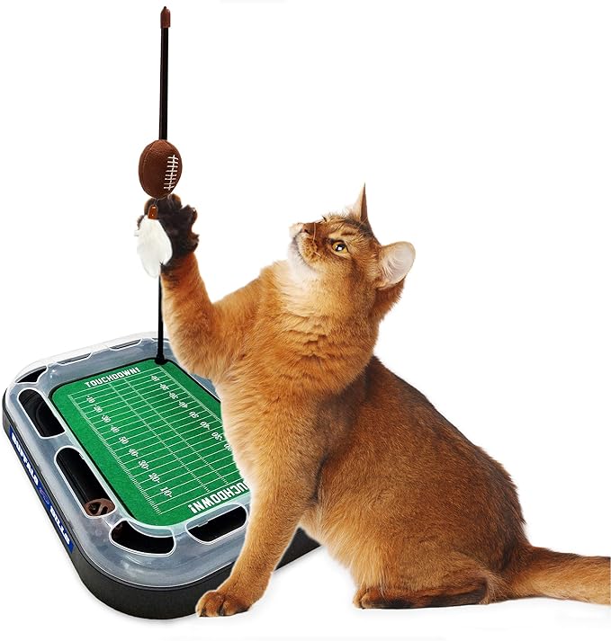 Pets First NFL Buffalo Bills Football Field CAT Scratcher Toy with Catnip Filled Plush Football Toy & Feather Cat Toy Hanging, with Jingle Bell Interactive Ball Cat Chasing 5-in-1 Kitty Toy
