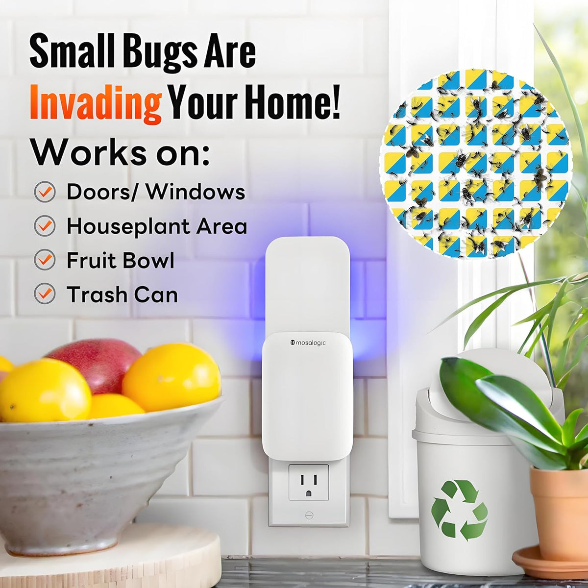 Mosalogic Fruit Fly Traps for Indoors Gnat Trap for House Indoor-600 Sqft Protection Area UV Fly Insect Trapper for Fruit Flies,Gnat,Mosquito,and Other Flying Insect Plug in Bug Killer White