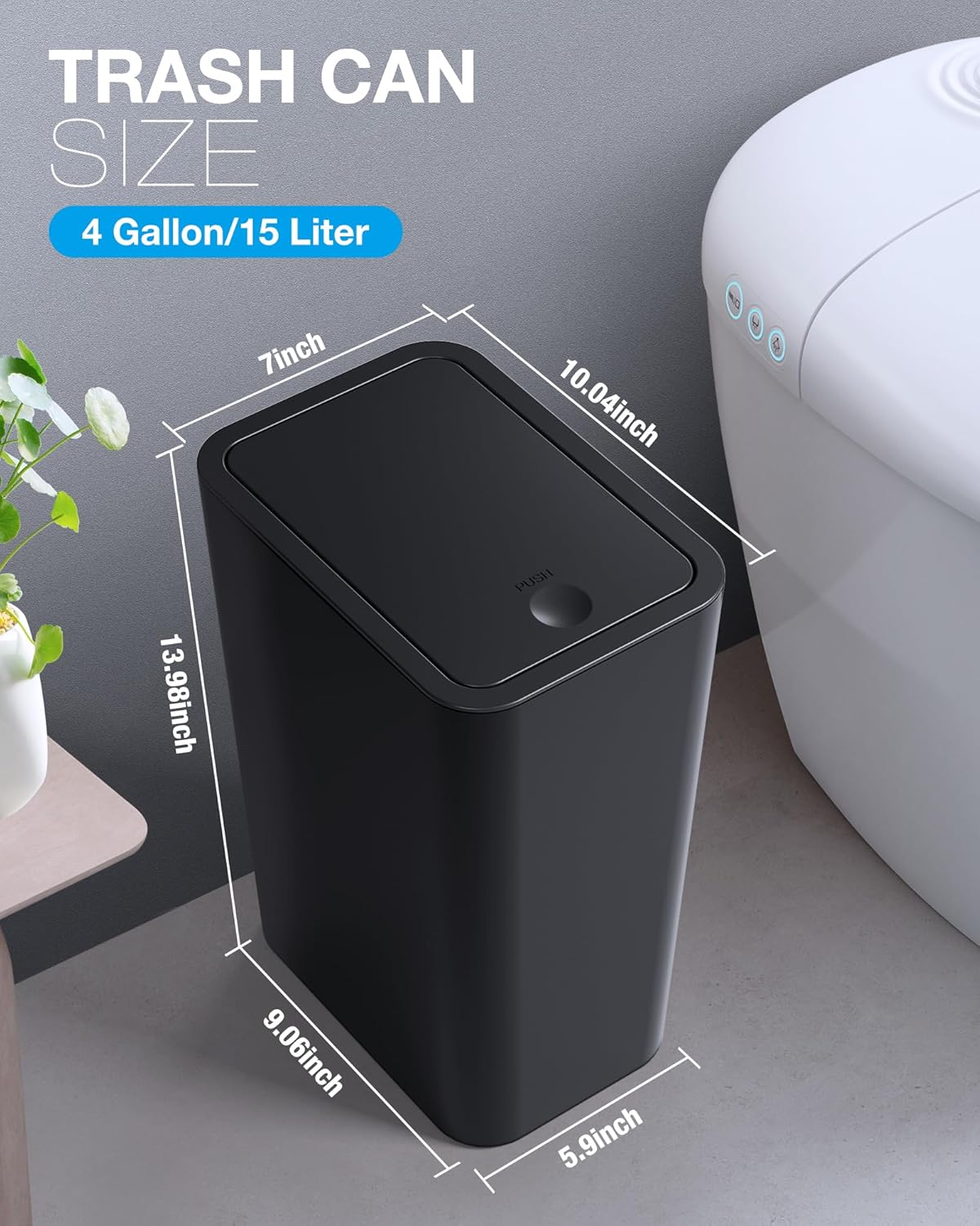 Bathroom Trash Can with Lid, 2 Pack 4 Gallons/15 Liters Garbage Can with Pop-Up Lid, Small Plastic Trash Can, Slim Trash Bin Waste Basket for Bathroom, Bedroom, Office, Living Room(Black)