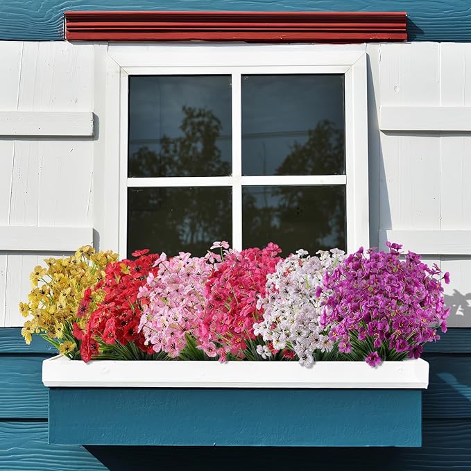 24 Bundles Artificial Flowers for Outdoor,No Fade Fake Plastic Flowers Faux Plants for Decoration Hanging Planters Indoor Outside Garden Porch Window Box Home Wedding Farmhouse