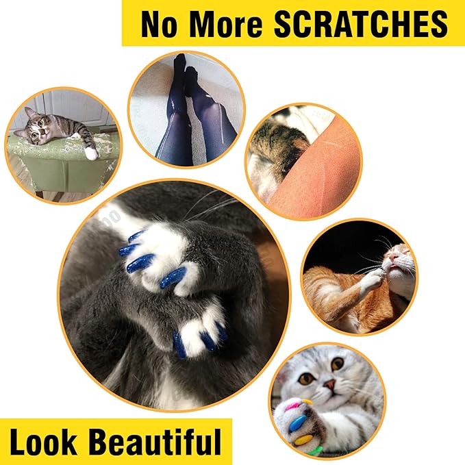 zetpo 80 pcs Cat Claw Covers | Cat Nail Caps | with Adhesives and Applicators (L, Black, Silver, Silver Glitter, White)