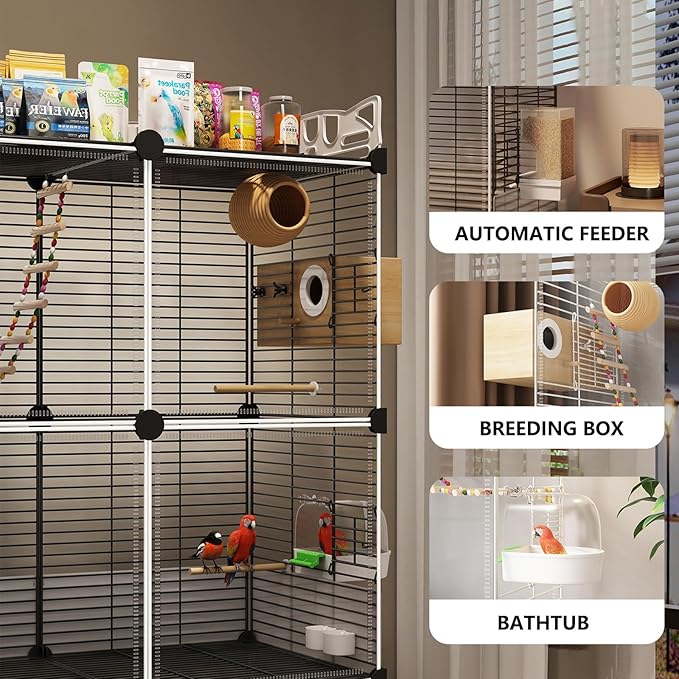 Large Parrot Cage with Acrylic Doors, 4 Casters, Perch & Feeder, Detachable Drawer, Ideal for Cockatiels, Budgies, Conures, Indoor/Outdoor Use – Spacious White Birdcage(Black,72 * 36 * 170)