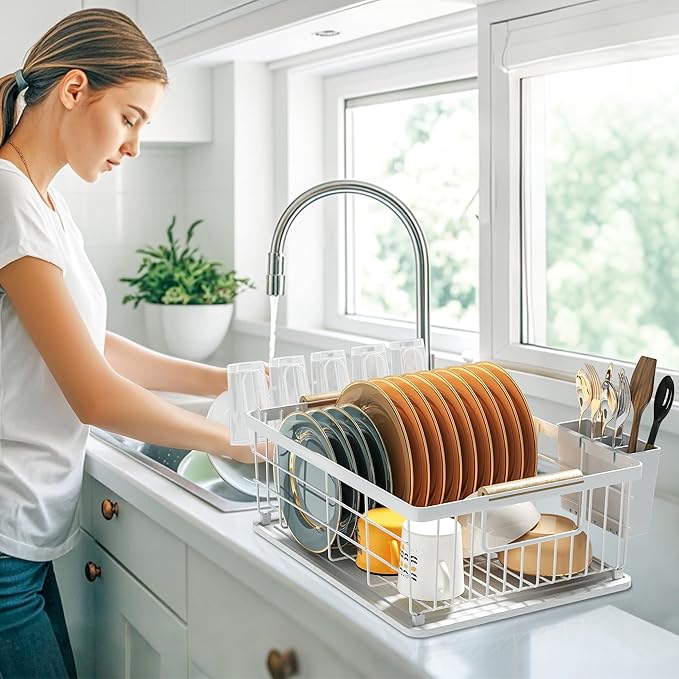 Dish Drying Rack White with Diatomaceous Earth 1 Tier,Multifunctional Dish Racks for Kitchen Counter Quick-Drying,Large Capacity Space Saving with Cutlery Cups Holder