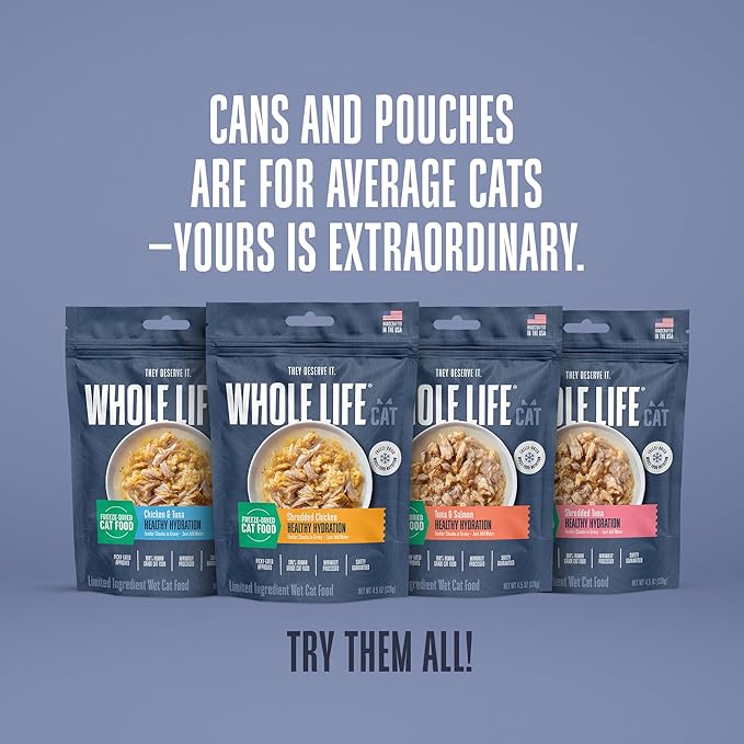 Whole Life Cat Freeze Dried Cat Food - Human-Grade Wet Food Toppers & Complement, Natural Broth, Hydrating Snacks, Lickable Treats, Just Add Water – Shredded Chicken, 3 Oz
