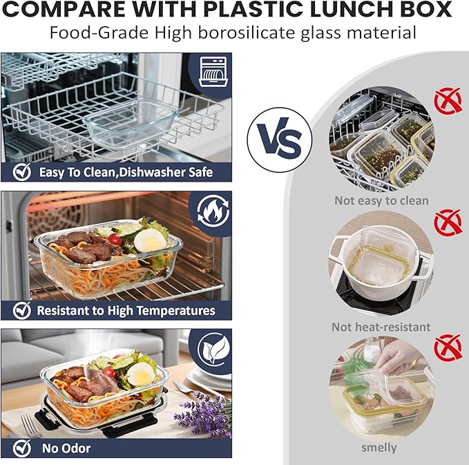 HOTEC 35OZ Glass Food Storage Container, Airtight Glass Lunch Fruit Containers with Lids - Microwave, Oven, Freezer and Dishwasher Safe, 4-PACK