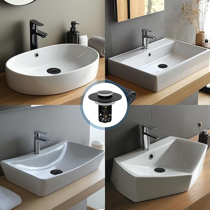 iFealClear 2 Pack All Metal Bathroom Sink Stopper, Pop Up Sink Drain Strainer with Removable Stainless Steel Filter Basket, Universal for 1.1"-2.36" Sink, Brass Bounce Core, Hair Catcher, Matte Black