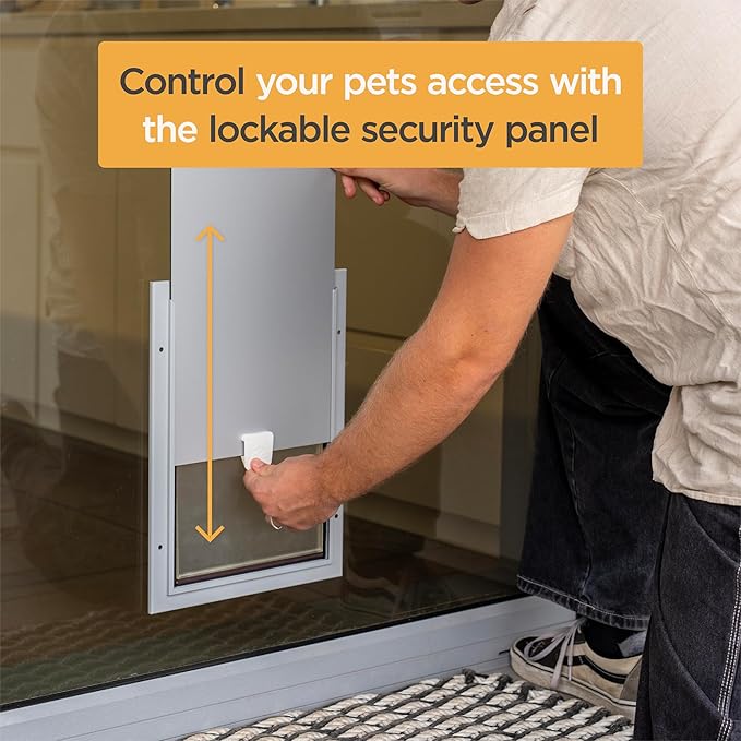 Hakuna Pets Deluxe Aluminum Pet, Cat and Dog Door with 2-Way Locking Panel for Screens, Doors and Walls up to 2.8" Thick, Medium, Silver