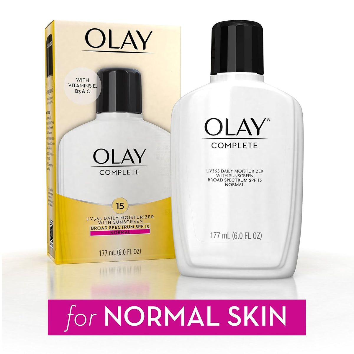 Olay Face Moisturizer, Complete with Sunscreen SPF 15, Daily Facial Lotion for Normal Skin, Lightweight Hydrating Broad Spectrum Sun Protection - Vitamin C, E, and Niacinamide - 6 Oz 2 Pack