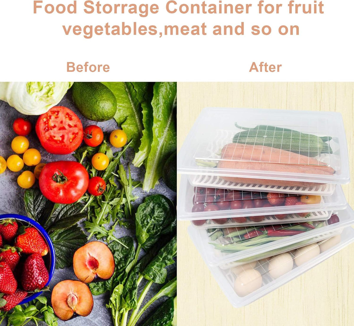Food Storage Container, Plastic Food Containers with Removable Drain Plate and Lid, Stackable Portable Freezer Storage Containers - Tray to Keep Fruits, Vegetables, Meat and More (4,Large)