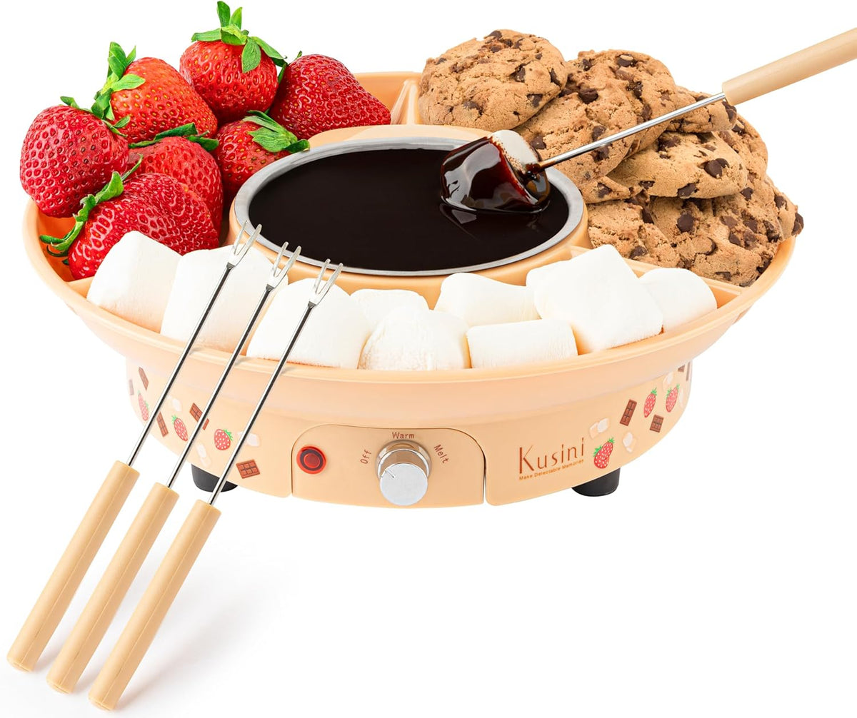 Kusini Electric Fondue Pot Set - Chocolate Fondue Kit - Temperature Control, Detachable Serving Trays, & 4 Roasting Forks - Gift Set & Date Night Idea. Serve at Movie Night or Game Night.