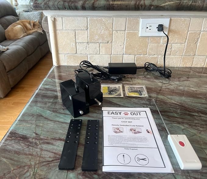 Easy Out Automated Pet Crate Opener for Single or Double Latch Crates, Activated by Remote Control or Wi-Fi Smart Plug, Model EOD1